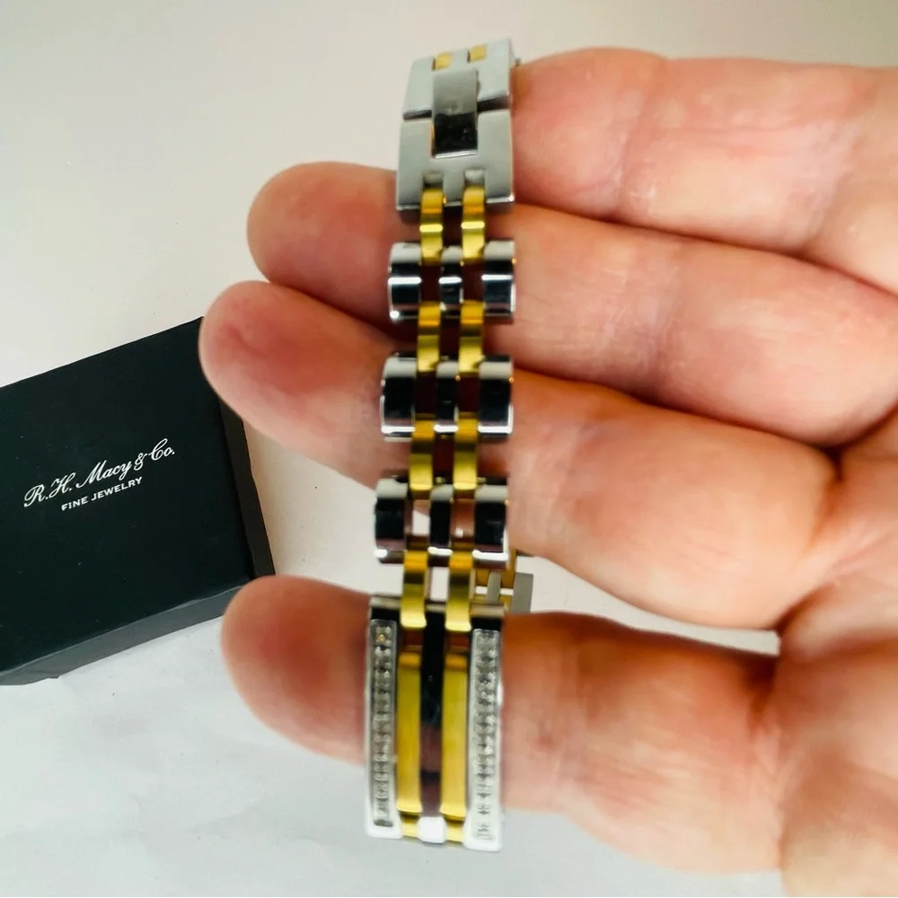 R.H. Macy Mens Two Toned Stainless Steel Metal Link Diamond Bracelet 9” Long - Picture 11 of 16